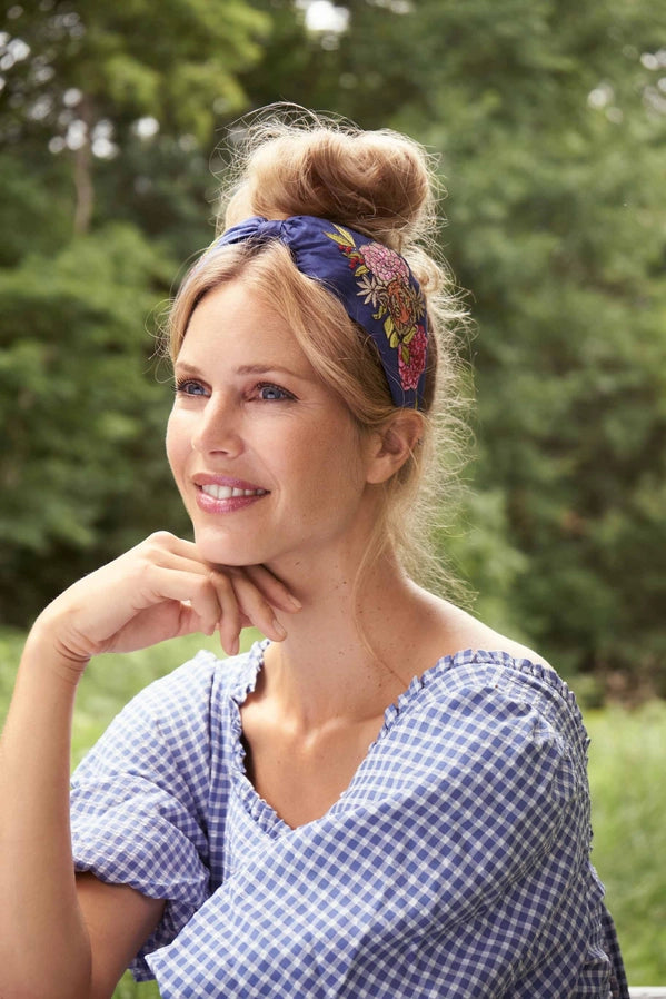 Satin Embroidered Headband - Floral Tiger Face in Indigo